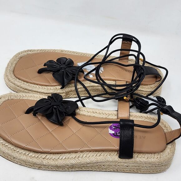 Aerosoles Fanie Lace Up Black Leather Flower Espadrilles Sandals Size 9.5 Black - Picture 10 of 14